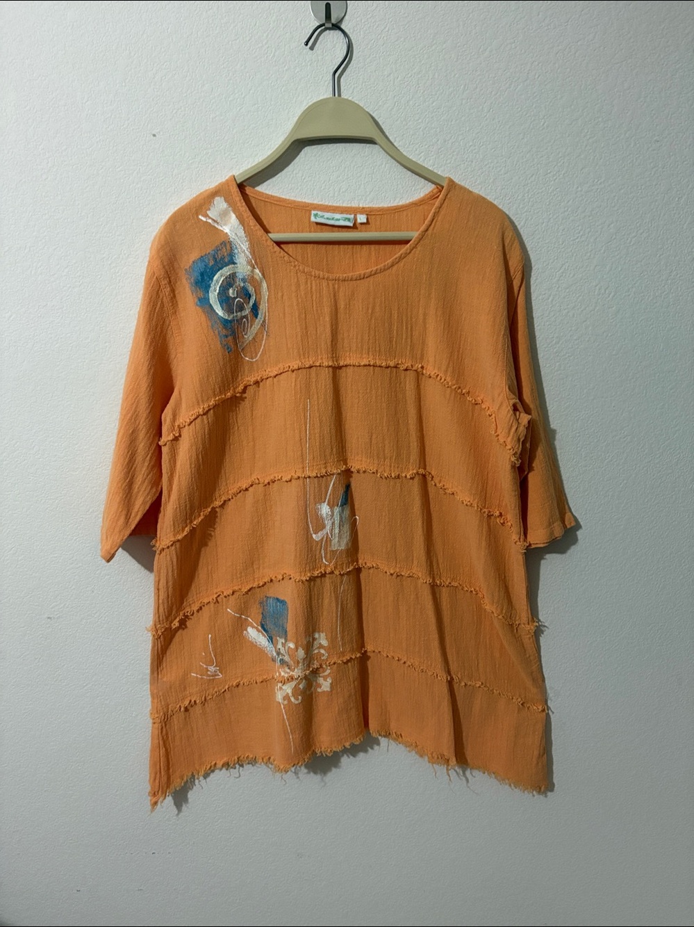 Lulu-B Orange blouse/tunic size large 100% cotton raw hemline fish tale edging